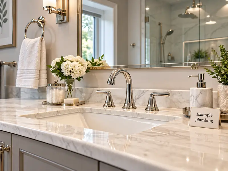 A kitchen with white cabinets and a curved faucet